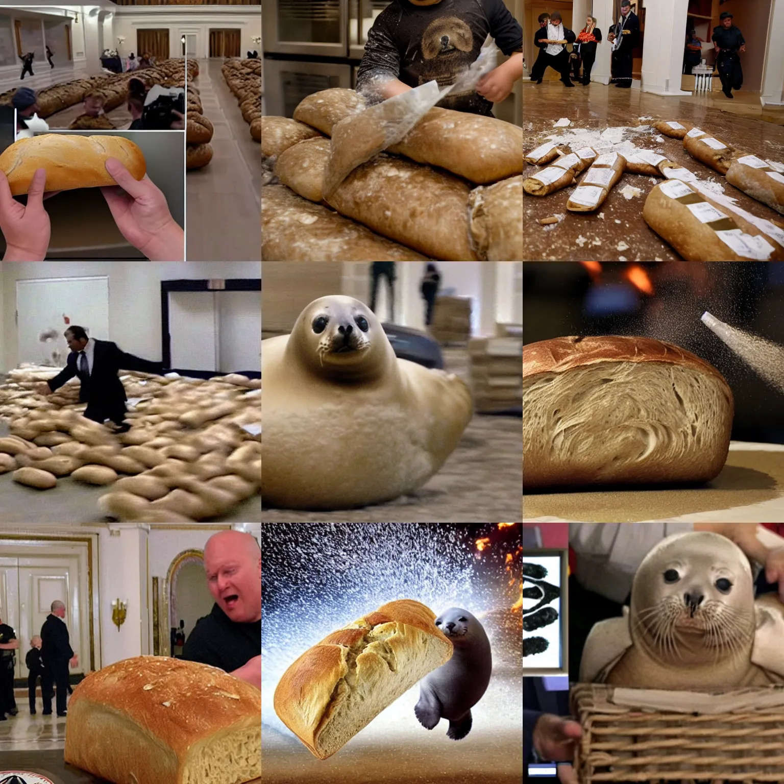 Prompt: action shot of nuclear weapons documents exploding out everywhere as a baby seal agent disguised as a loaf of bread raids mar - a - lago inside the facility, al - jazeera news footage