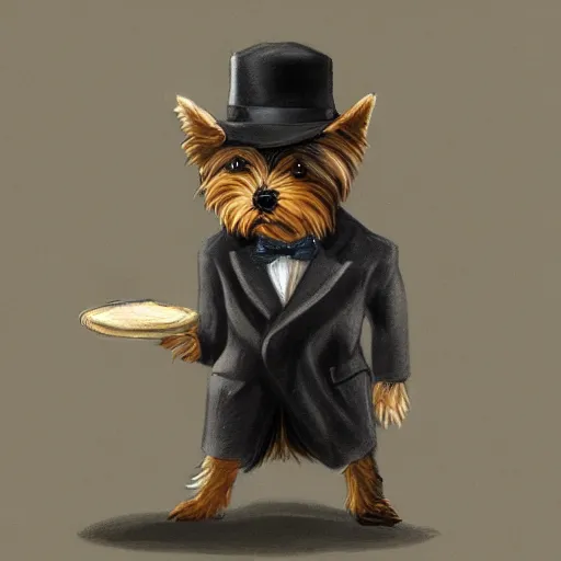 Image similar to detective yorkshire terrier wearing a fedora, in a dark alley, by D&D Concept Artists