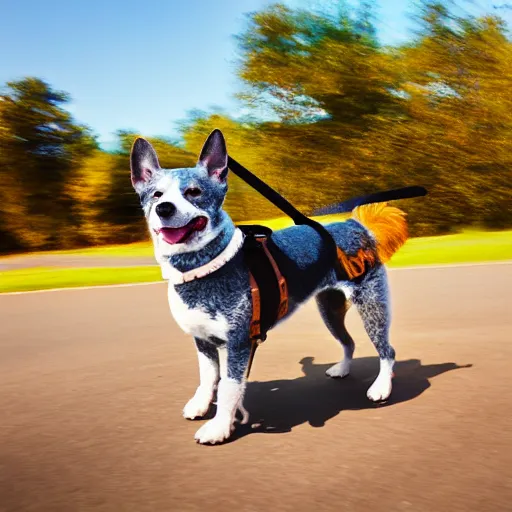 Image similar to blue heeler dog on a bike, 8 k photography, blurred background of a wafflehouse