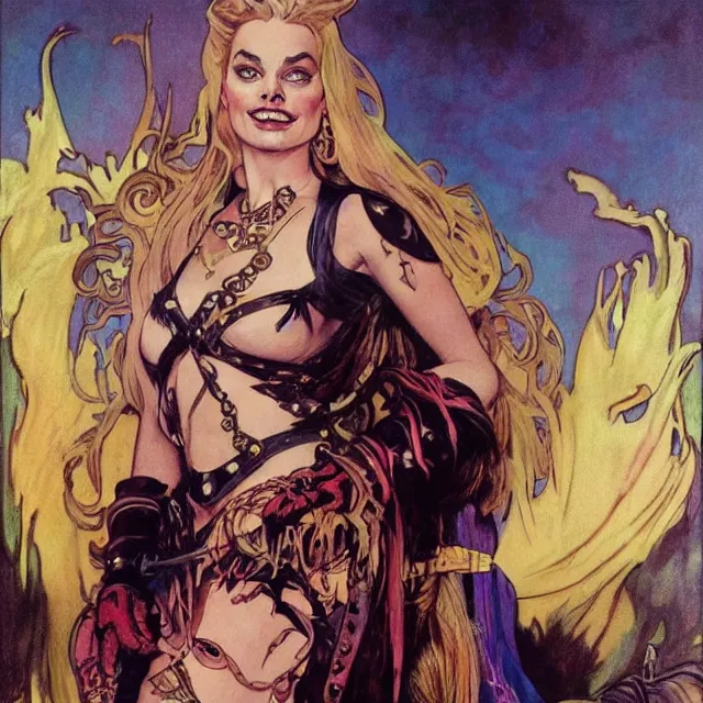 Prompt: an aesthetic!, a detailed portrait of margot robbie dressed as a leather - bound, tattooed, punk - rock princess with a flaming mohawk, by frank frazetta and alphonse mucha, oil on canvas, bright colors, art nouveau, epic composition, dungeons & dragons, fantasy art, concept art, god rays, ray tracing, crisp contour lines, huhd - 8 k