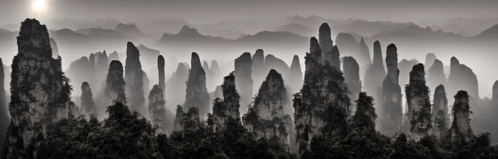 Image similar to A beautiful landscape photography of Zhangjiajie mountains, an intricate tree in the foreground, sunset, dramatic lighting by Anselm Adams and Albrecht Durer, chiaroscuro, shadow and light,