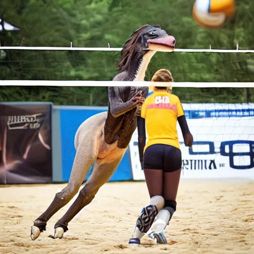 Prompt: a horse and a velociraptor playing volleyball