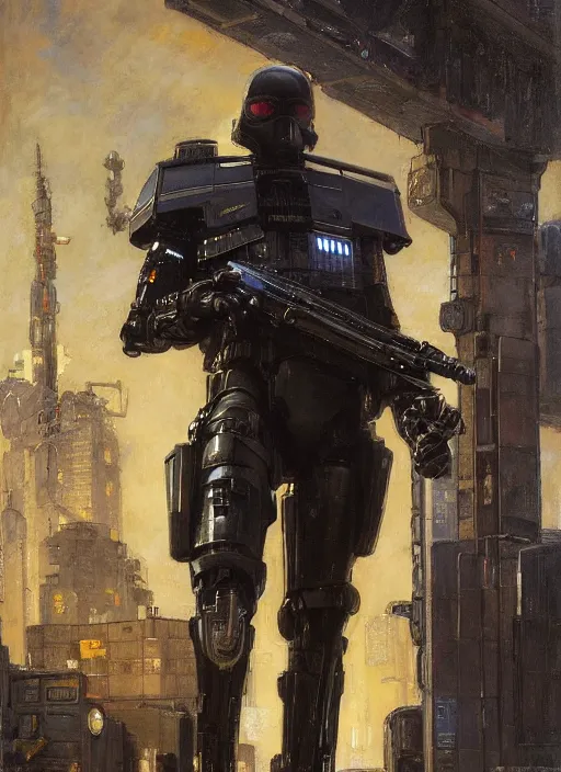 Prompt: Sgt Eliezer Grim. Menacing Cyberpunk police trooper wearing a combat vest and towering with robotic legs. (dystopian, police state, Cyberpunk 2077, bladerunner 2049). Iranian orientalist portrait by john william waterhouse and Edwin Longsden Long and Theodore Ralli and Nasreddine Dinet, oil on canvas. Cinematic, vivid colors, hyper realism, realistic proportions, dramatic lighting, high detail 4k