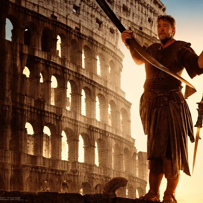 Image similar to russell crowe as a gladiator holding a sword, colosseum, sunset, cinematic lighting, volumetric lighting, award winning photography, highly detailed, intricate, sharp focus, 4 k wallpaper, unreal engine, 9 0 mm, f / 1. 4