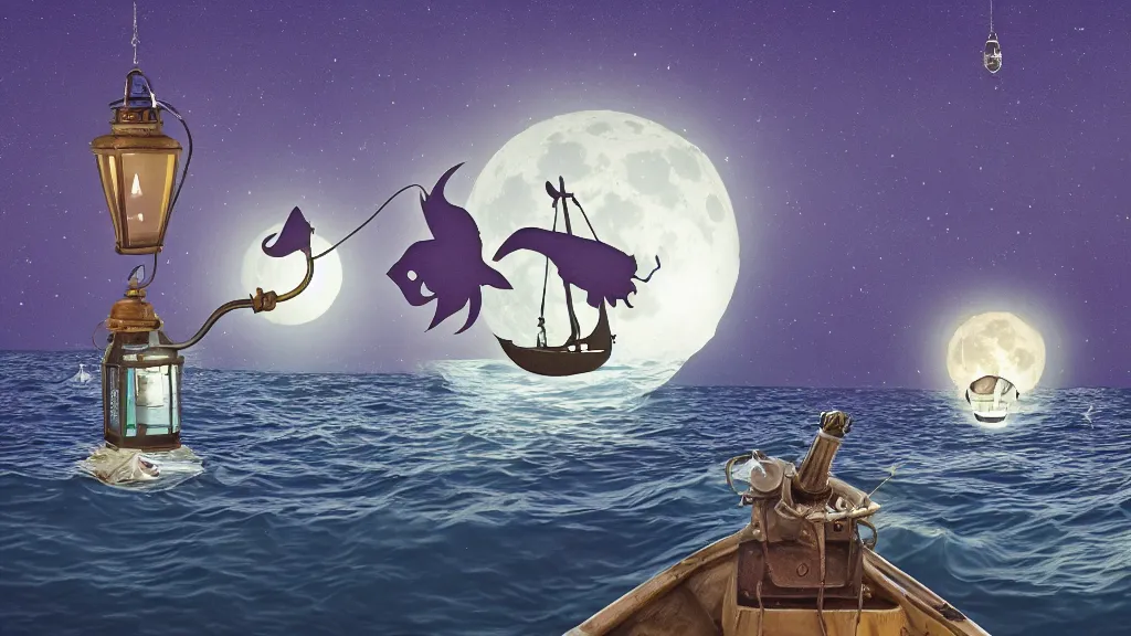 Image similar to a giant anglerfish at the surface of the water meets a sailor with a lantern on a sloop, background with large full moon and purple sky, intricate, accurate details