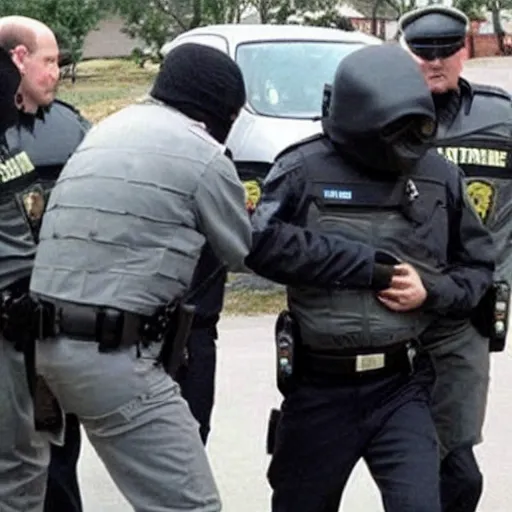 Image similar to extraterrestrial zeta reticulan grey alien, being arrested by spetsnaz