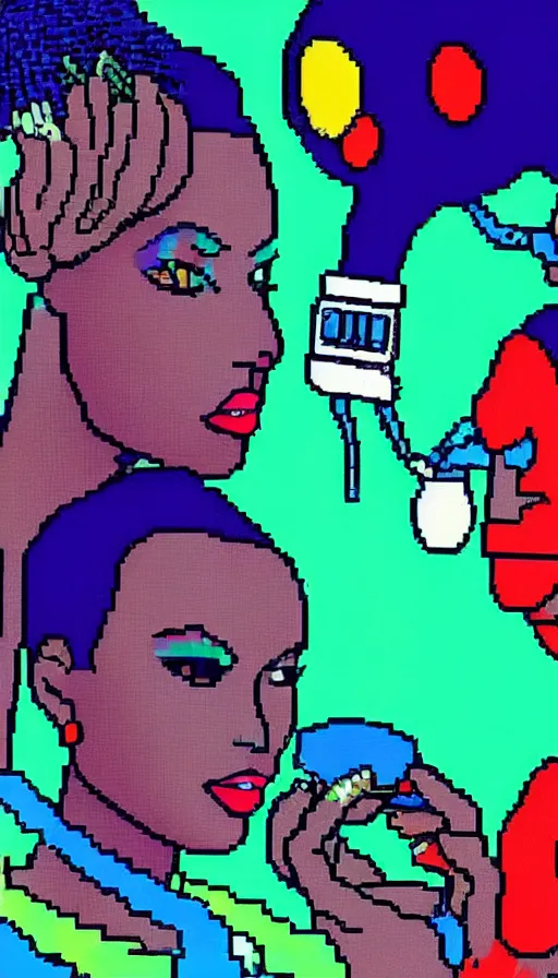 Prompt: beautiful still from retro snes arcade game featuring grace jones feeding her bioenhanced tamagotchi child, hyperreal detailed facial features and uv lighting, retro nintendo bitmap pixel art