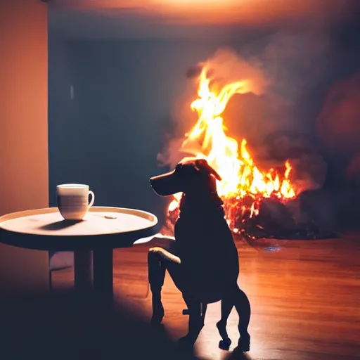 Prompt: a photograph of an humanlike relaxed dog in his house, sitting at a table, ☕ on the table, surrounded by flames, room is on fire, smoke under the ceiling