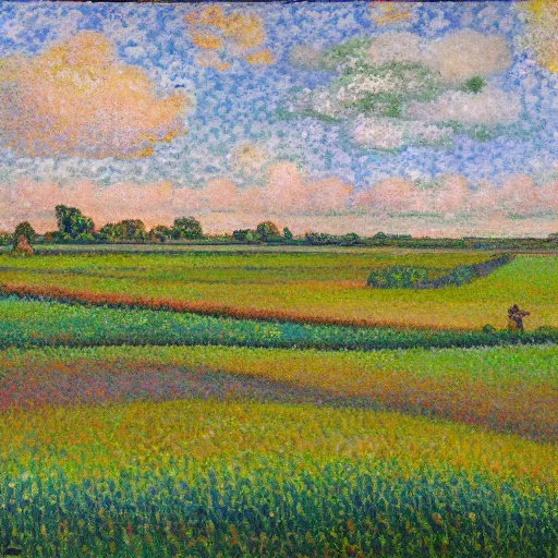 Prompt: oil paint impasto reliefs summer sussex fields, atmospheric, painted with expressive paint and cumulus clouds, some splattered paint, in the style of signac and early monet