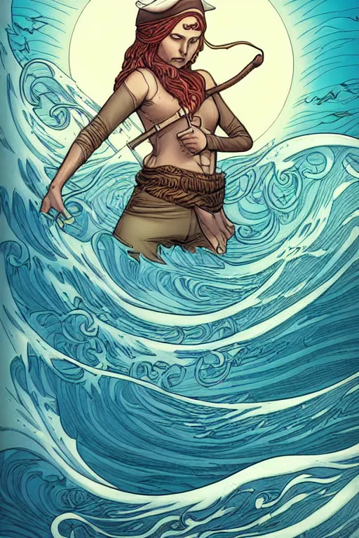 Image similar to comic cover art of a pirate sloop, waves crashing, high fantasy digital illustration, by jenny frison and sana takeda, intricate details, stunning inking lines, flat colors, 4 k, hd, artstation