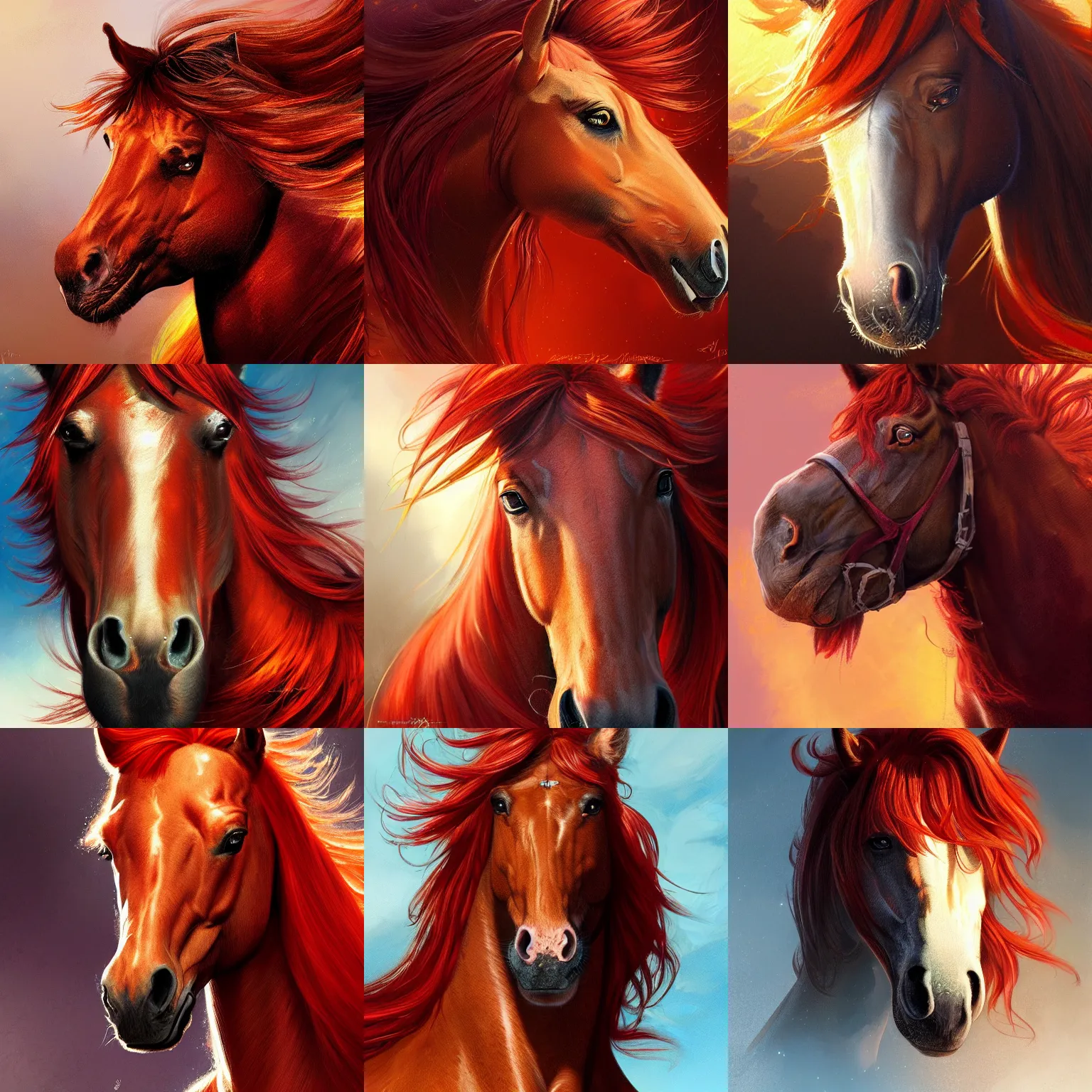 Prompt: horse close - up, reddish - brown, flaming mane, sparkles, highly detailed, digital painting, artstation, concept art, sharp focus, illustration, frazetta, aleksi briclot, rutkowski