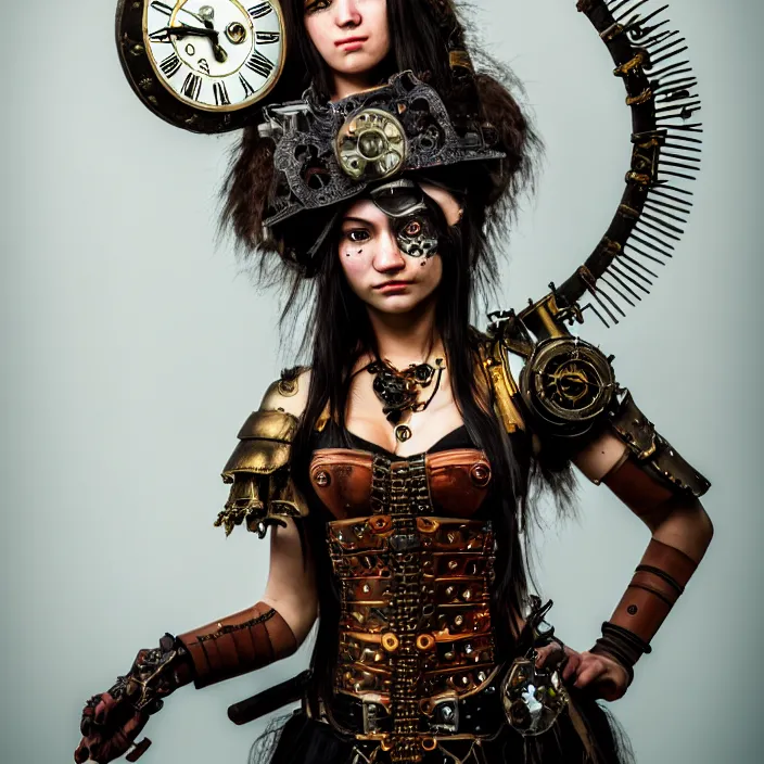 Prompt: full body photograph of a real - life very beautiful clockpunk warrior. extremely detailed. dslr. 8 5 mm.