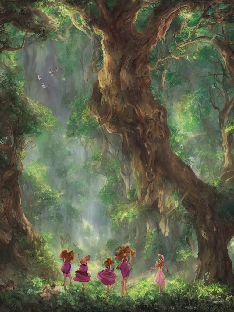 Prompt: girls in enchanted forest by disney concept artists, blunt borders, rule of thirds