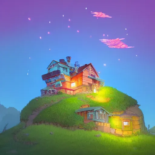 Image similar to beautiful 3 d painting of a colourful house on a hilltop at midnight with small fireflies flying around, in the style of studio ghibli, artstation, unreal engine