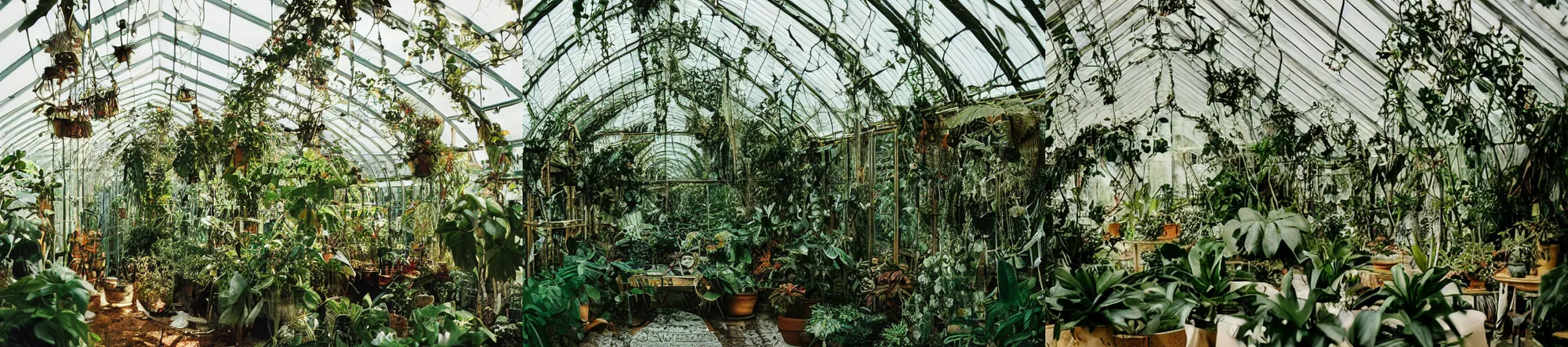 Prompt: GQ magazine photograph of the inside of a softly-lit intimate greenhouse, with vines, tropical plants, flowers, butterflies and birds, dust motes, dreamlike, wide angle lens, Kodak Portra, 85mm F 2.8