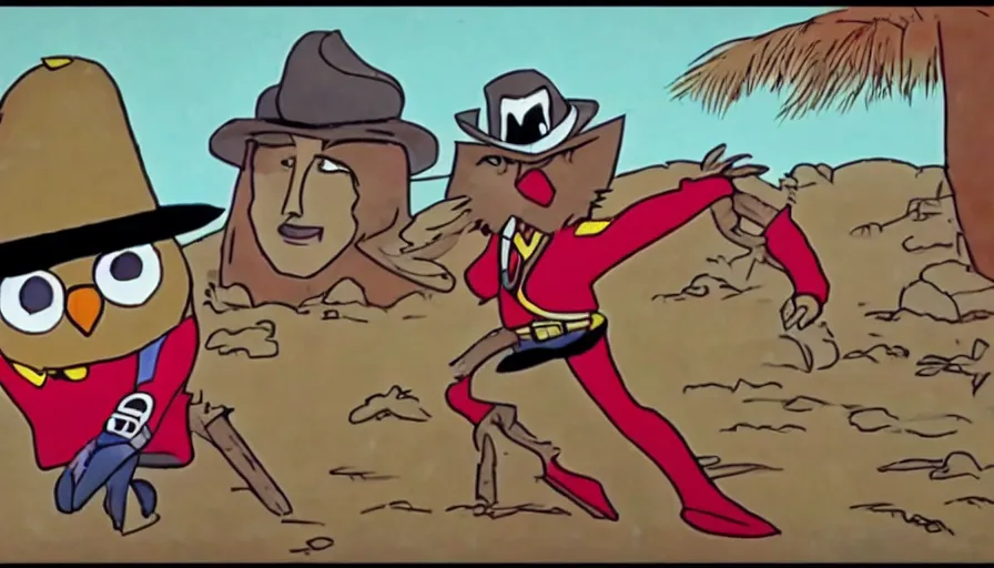 Image similar to saturday morning cartoon shot of an owl dressed as the lone ranger, screenshot from 1990s animated show