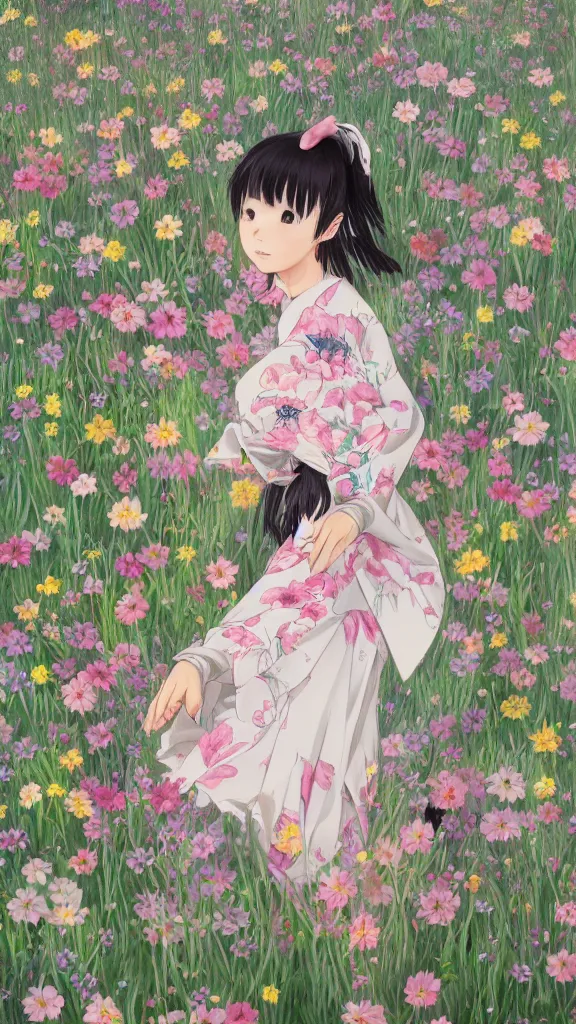 Prompt: portrait of a japanese girl dancing in a field full of flowers, detailed, elegant, highly detailed, artstation, concept art, illustration, sharp focus, anime, art by kurozaki sakura,