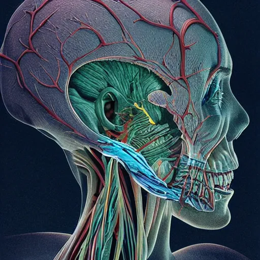 Image similar to nightmare etherreal iridescent vascular nerve bundles pearlescent spinal chord horror by naoto hattori, zdzislaw, norman rockwell, studio ghibli, anatomical cutaway