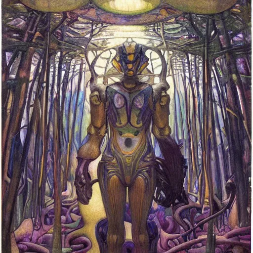 Image similar to robot seizes his forest crown, by Annie Swynnerton and Diego Rivera and Elihu Vedder, symbolist, dramatic lighting, elaborate geometric ornament, tattoos, Art Brut, soft cool colors,smooth, sharp focus, extremely detailed, Adolf Wölfli and Donato Giancola