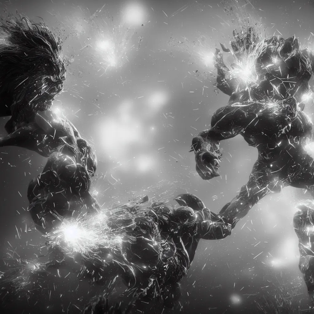 Prompt: particle system, black and white, extremely detailed, epic, 3D render, digital art, artstation, 8K artistic photography, photo-realistic, by Hiroya Oku