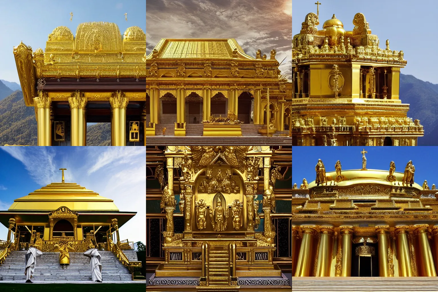 Prompt: a holy temple dedicated to money on a mountaintop, currency imagery, wealth motifs, gilded and solid gold