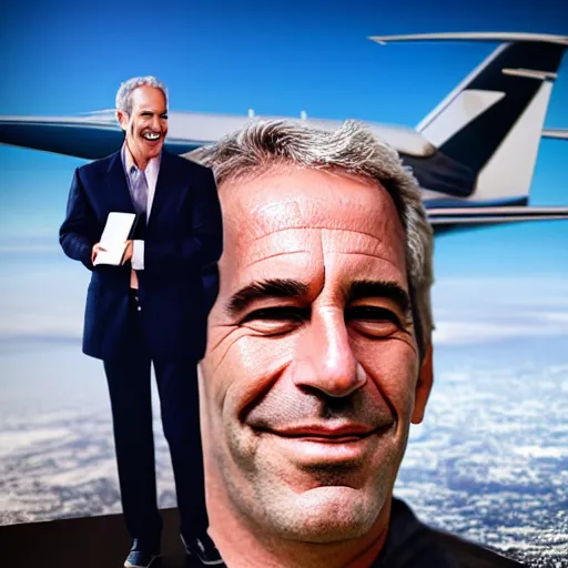 Image similar to Jeffery Epstein laughing with black book, in private jet background, colorful 16k hyper realistic digital art