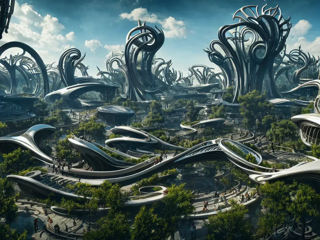 Image similar to a busy elaborate ornate outdoor sci - fi park, cinematic, shadows, partly cloudy day, 4 k, detailed, by zaha hadid and peter jackson and ridley scott and beeple and greg rutowski
