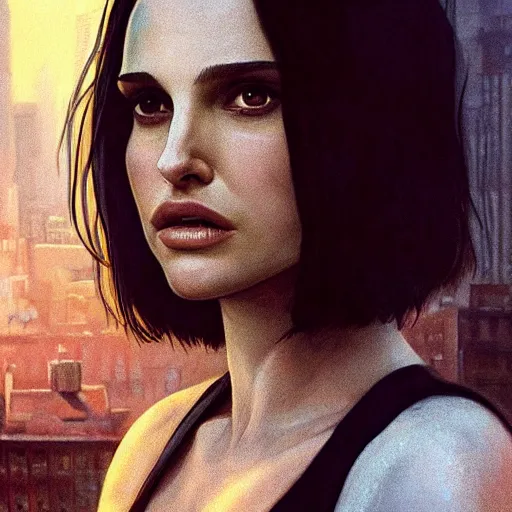 Prompt: closeup portrait of natalie portman from the movie leon the professional, matilda. hitman, city background, dramatic light, gorgeous view, depth, high detail, digital art, painted by greg rutkowski and seb mckinnon, by tim burton, trending on artstation