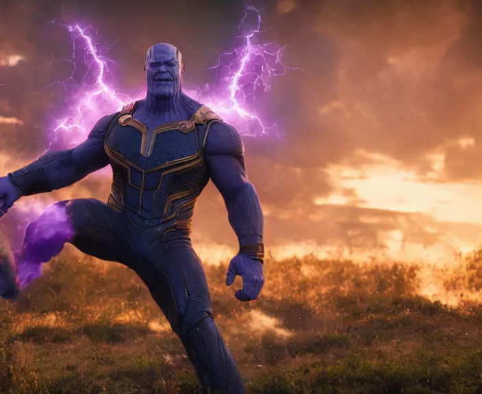 Prompt: 4 k hd, high detail photograph of thanos fighting avengers, shot with sigma f / 4. 2, 2 5 0 mm sharp lens, wide shot, consistent, volumetric lighting, high level texture render