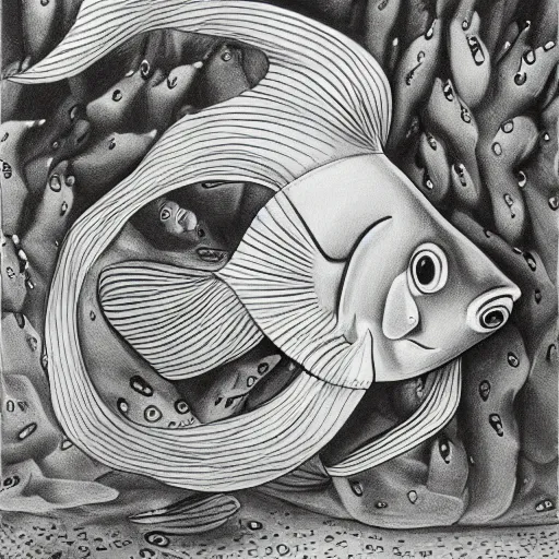 Image similar to hypercolorful goldfish in a confusing aquarium, surrealist drawing