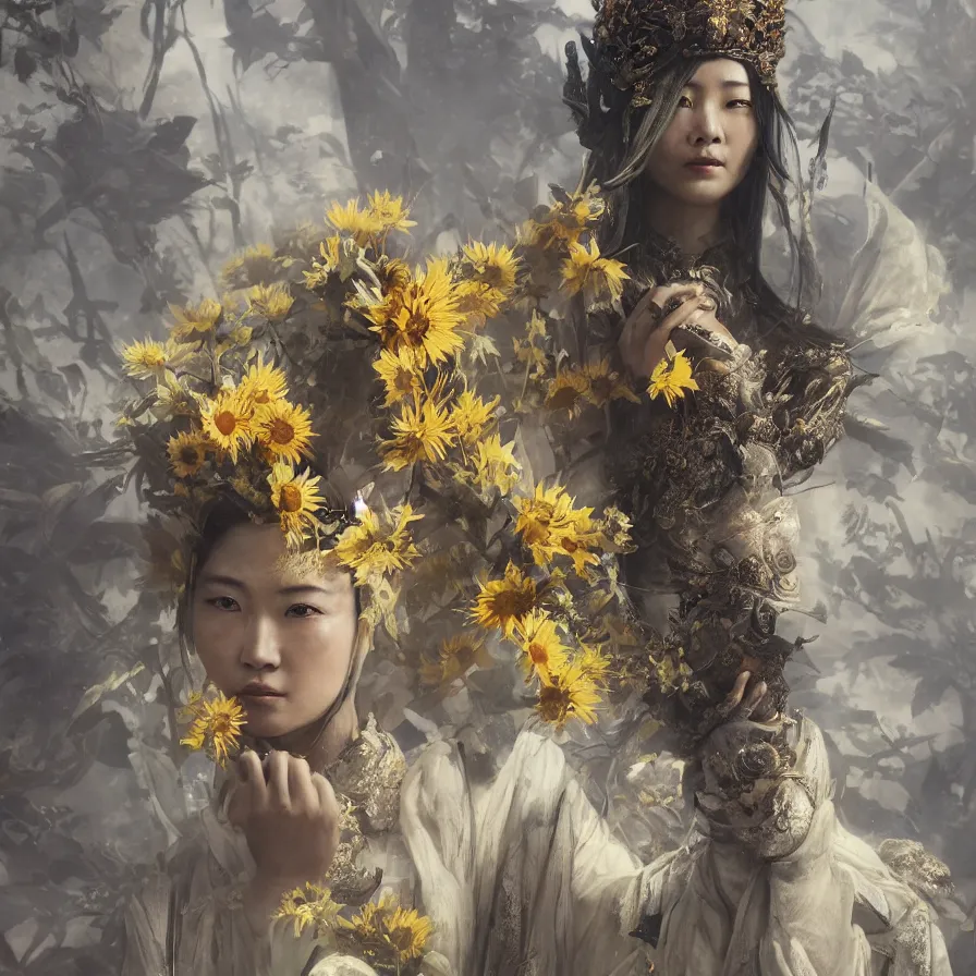 Image similar to a fancy portrait of the chinese sunflower goddess by Greg Rutkowski, Sung Choi, Mitchell Mohrhauser, Maciej Kuciara, Johnson Ting, Maxim Verehin, Peter Konig, Bloodborne, macro lens, 35mm, 8k photorealistic, cinematic lighting, HD, high details, atmospheric,