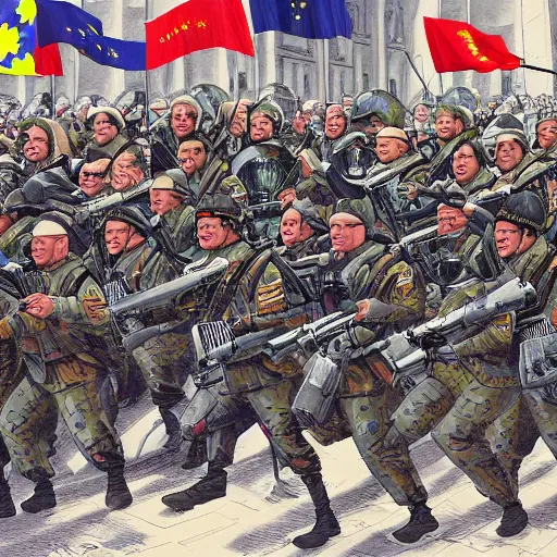 Image similar to army of the european union fighting on the streets of budapest 2 0 2 2, highly detailed illustration for time magazine cover art