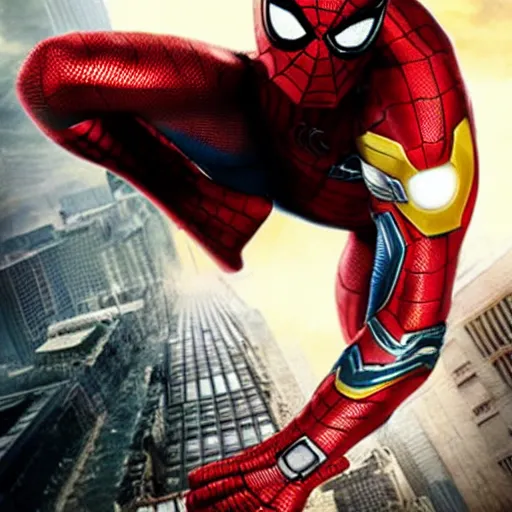 Prompt: promotional image of Spider Man as Iron Man in Iron Man（2008）, he wears Iron Man armor without his face, movie still frame, promotional image, imax 70 mm footage