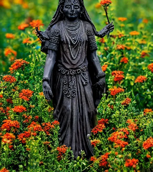 Image similar to mystical hindu black death god statue in tall meadow of flowers, dslr photo, grainy, high detail, high resolution