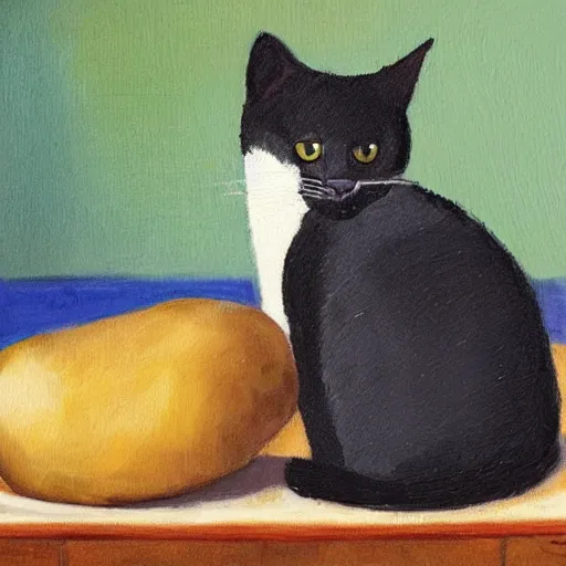 Image similar to the cat who ate potatoes, masterpiece painting by emilee duvont - jameson, who is honestly not very good