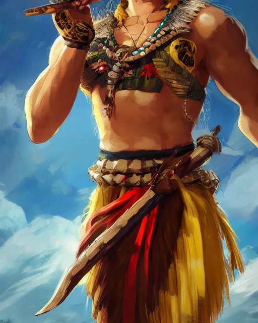 Image similar to an anime portrait of lapu - lapu as a beautiful man wearing filipino traditional clothing from skyrim, by stanley artgerm lau, wlop, rossdraws, james jean, andrei riabovitchev, marc simonetti, and sakimichan, trending on artstation
