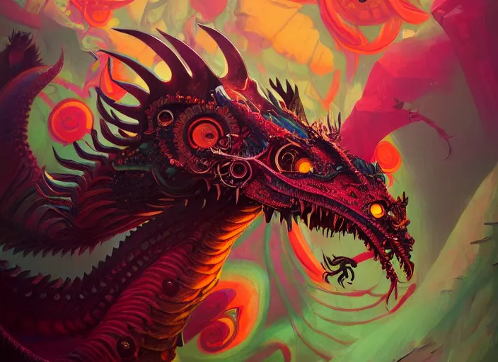 Prompt: A psychedelic portrait of clockwork dragon wretched sorrowsworn , vibrant color scheme, highly detailed, in the style of romanticism, cinematic, artstation, Moebius, Greg rutkowski