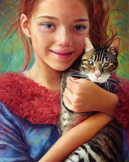 Prompt: a woman with freckled hair holding a cat, a photorealistic painting by Lilia Alvarado, pinterest, art photography, complementary colors, enchanting, lovely