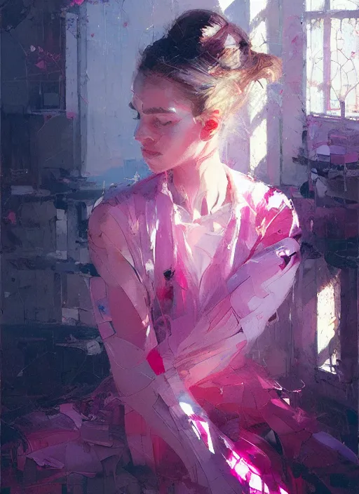 Image similar to indoor portrait of a beautiful girl, eyes closed, shades of pink, beautiful face, rule of thirds, intricate outfit, spotlight, by greg rutkowski, by jeremy mann, by francoise nielly, digital painting