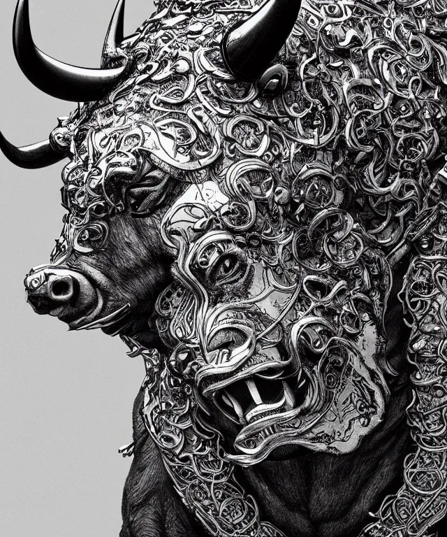 Image similar to a bull wearing a bear's head, crisp 8 k line art, digital painting, artstation, unreal engine, octane render, emissive lighting, concept art, matte, sharp focus, hyper realistic lighting, illustration, art by junto ito and takato yamamoto and philippe druillet