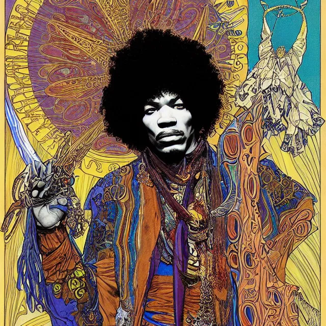 Image similar to artwork by Franklin Booth and Alphonse Mucha showing a portrait of Jimi Hendrix as a futuristic space shaman, Jimi Hendrix as a futuristic space shaman by Moebius