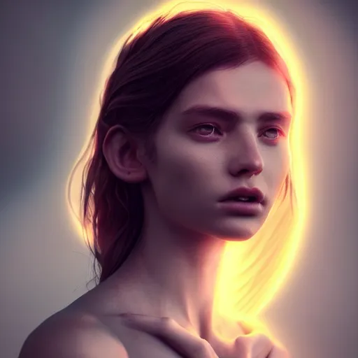 Image similar to portrait art of female angel, art by alessio albi 8 k ultra realistic, angel wings, lens flare, atmosphere, glow, detailed, intricate, full of colour, led lighting, trending on artstation, 4 k, hyperrealistic, focused, extreme details, unreal engine 5, masterpiece