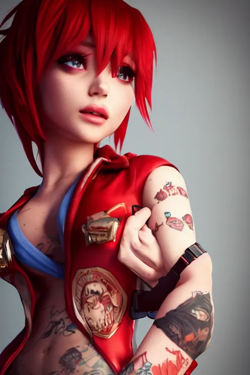 Image similar to a girl with short red hair, cool, vi from arcane, league of legends, fighter, cool red jacket, tattoo, beautiful, 3 d, potrait, art staion, studio light, closeup shot, octane render, wlop, realistic, neon