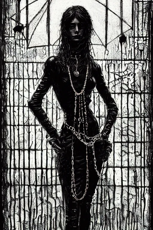 Image similar to dreamy gothic girl, black leather slim clothes, chains, strong rain night, beautiful slim body, detailed acrylic, grunge, intricate complexity, by dan mumford and by alberto giacometti, peter lindbergh