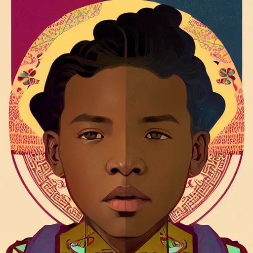 Prompt: colourful upper half portrait of an african boy - in japanese retro poster design illustration style, art by hsiao - ron cheng & alphonse mucha, highly detailed, digital painting, illustration, smooth, sharp focus, intricate, symmetry, pinterest, behance,