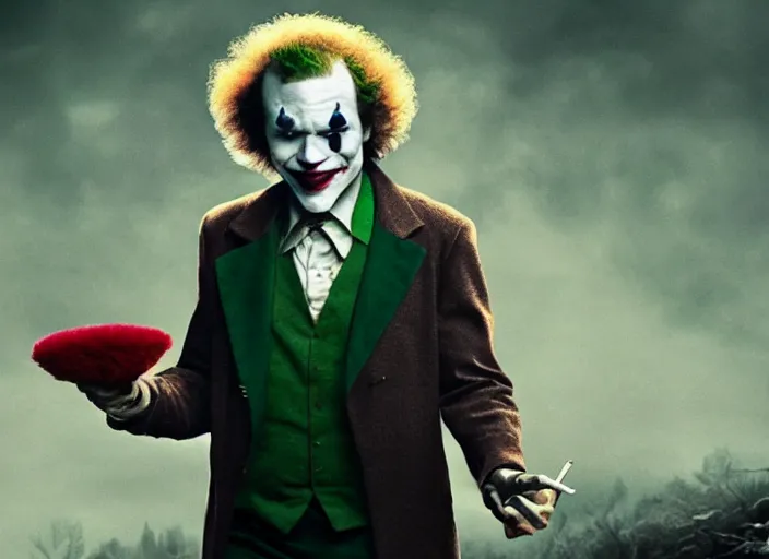 Image similar to film still of Bob Ross as Joke in the new Joker movie, 4k