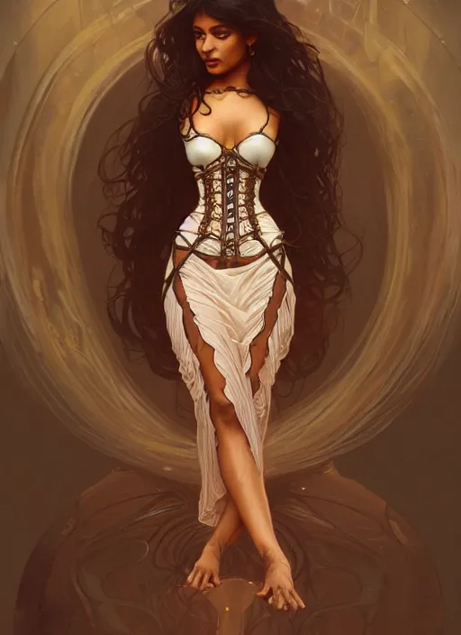 Image similar to cute brown woman wearing a translucent corset dress, fantasy, intricate, highly detailed, digital painting, artstation, concept art, wallpaper, smooth, sharp focus, illustration, art by artgerm and greg rutkowski and alphonse mucha