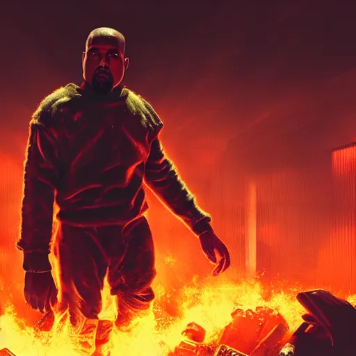 Prompt: kanye west in doom eternal splash art, movie still, cinematic lighting, dramatic, octane render, long lens, shallow depth of field, bokeh, anamorphic lens flare, 8 k, hyper detailed, 3 5 mm film grain