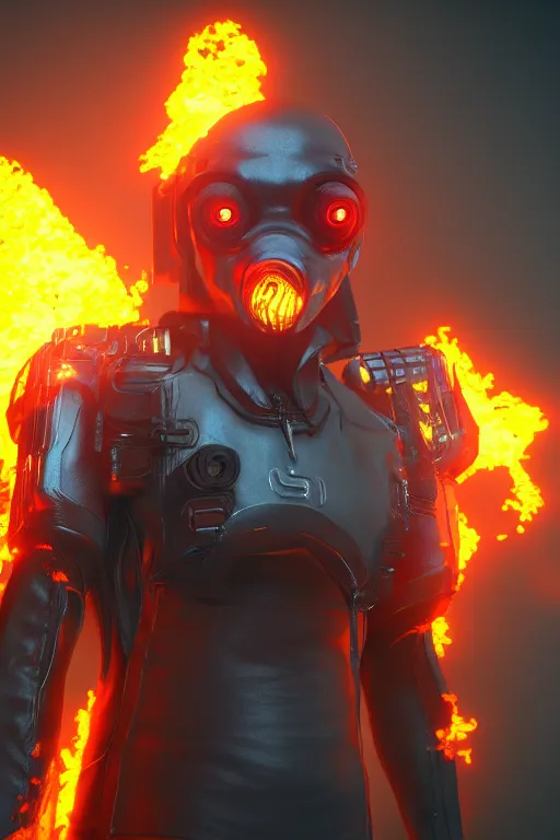 Prompt: Cyberpunk Flame Suit, fantasy, photorealistic, glowing eyes, 4k, cinematic lighting, explosive