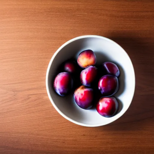 Prompt: photo of a thick porcelain bowl filled with a few moist freshly picked plums on a wooden table. volumetric lighting. 4 k. small scale. realistic. top down.